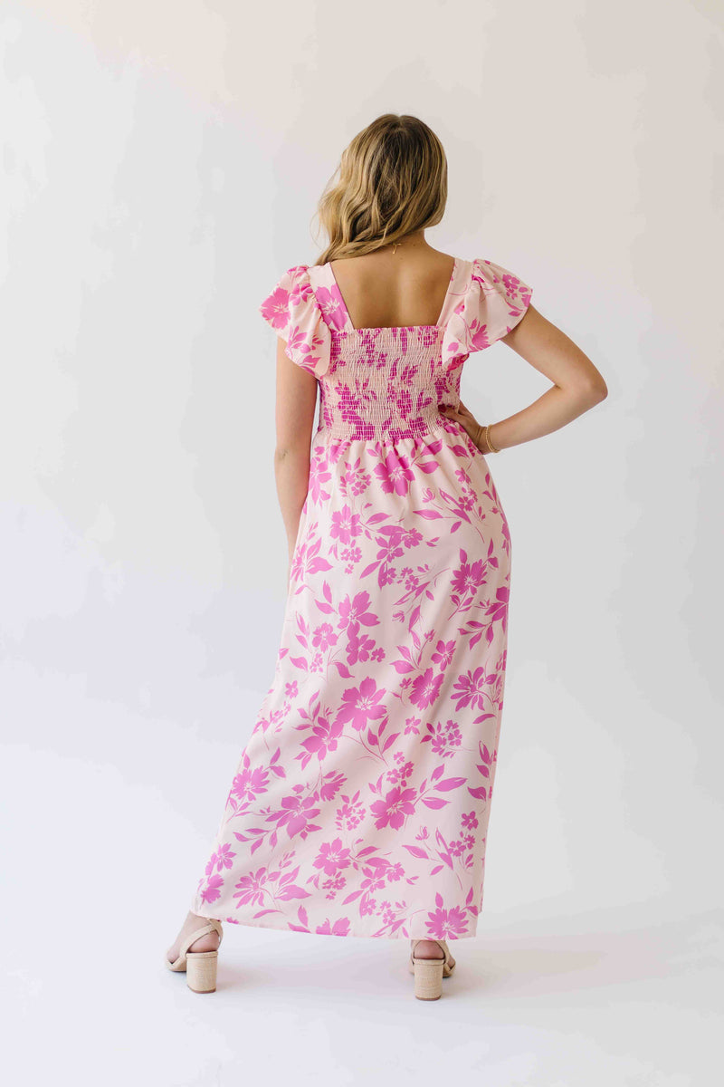 The Brennan Square Neck Floral Midi Dress in Blush Pink