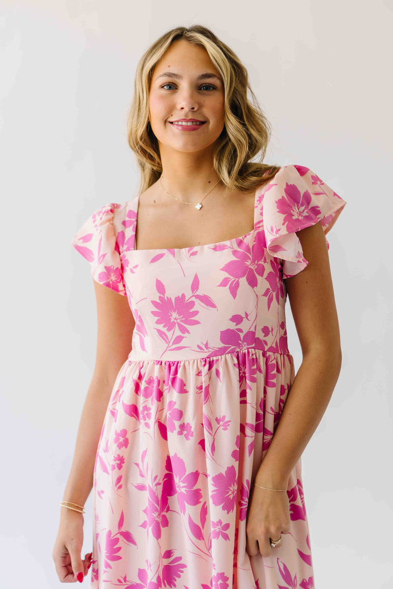 The Brennan Square Neck Floral Midi Dress in Blush Pink