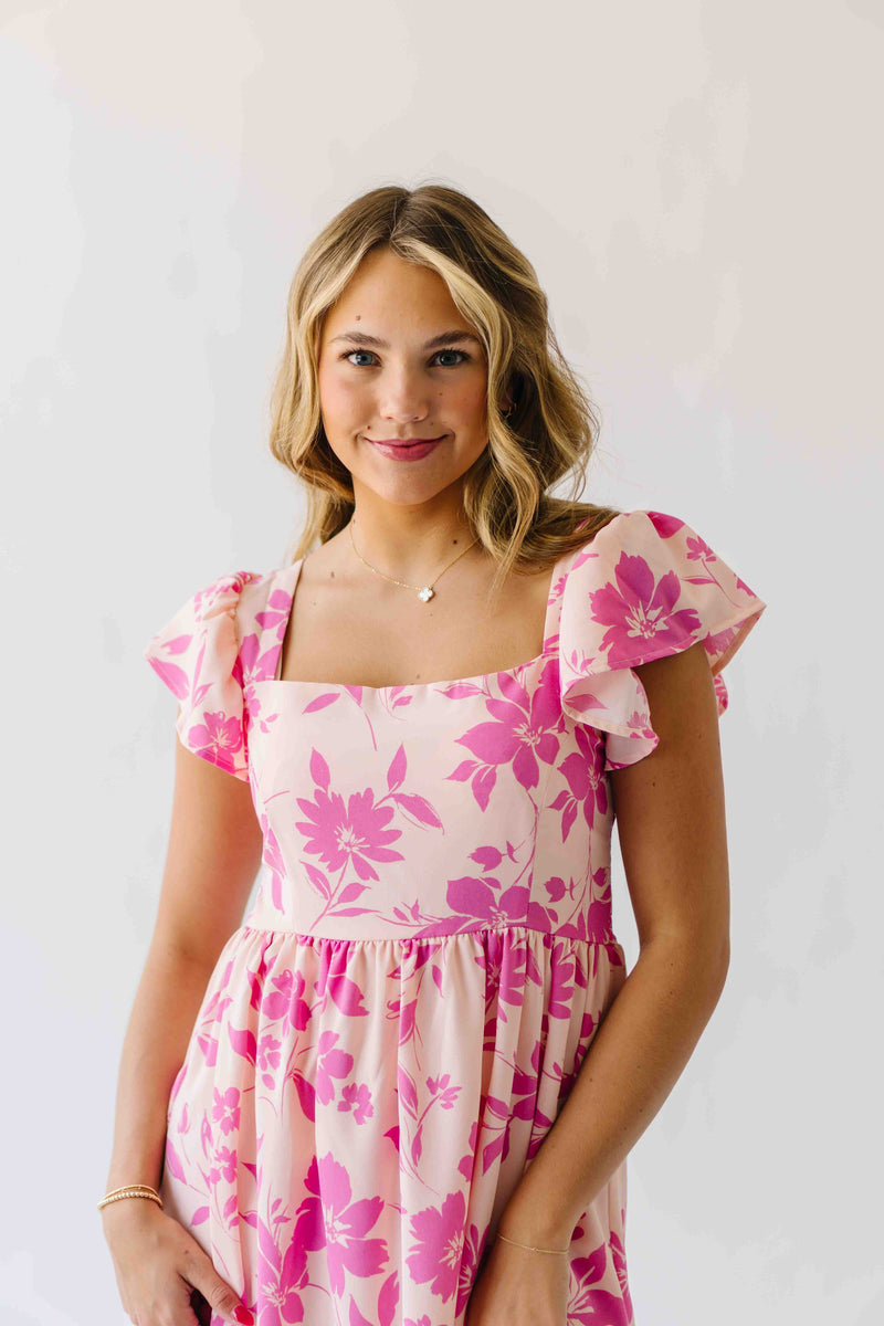 The Brennan Square Neck Floral Midi Dress in Blush Pink