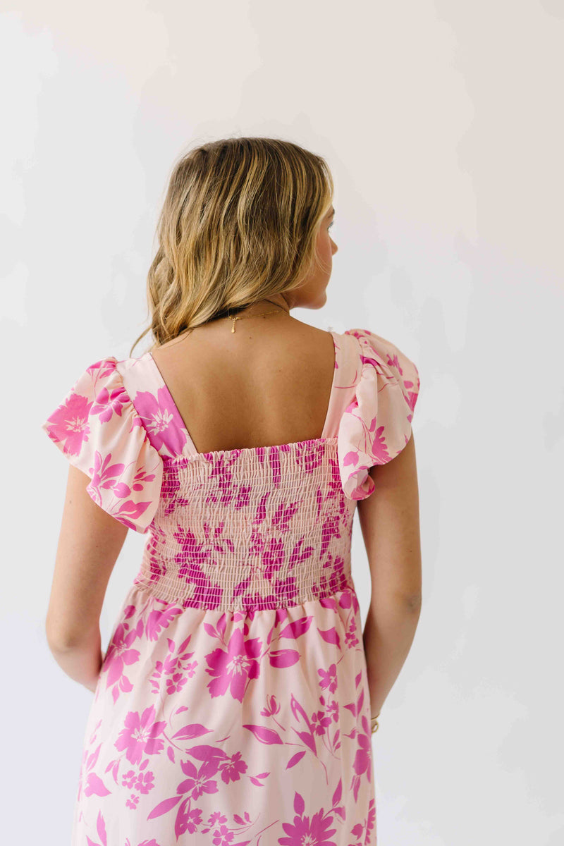 The Brennan Square Neck Floral Midi Dress in Blush Pink