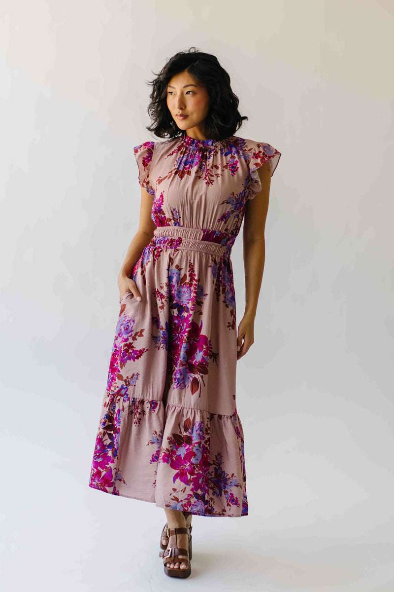 The Hunley Floral Flutter Sleeve Midi Dress in Mauve Multi