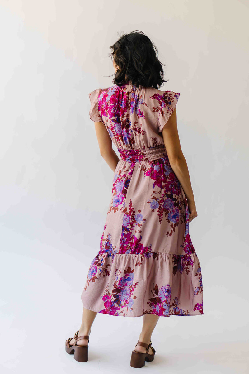 The Hunley Floral Flutter Sleeve Midi Dress in Mauve Multi