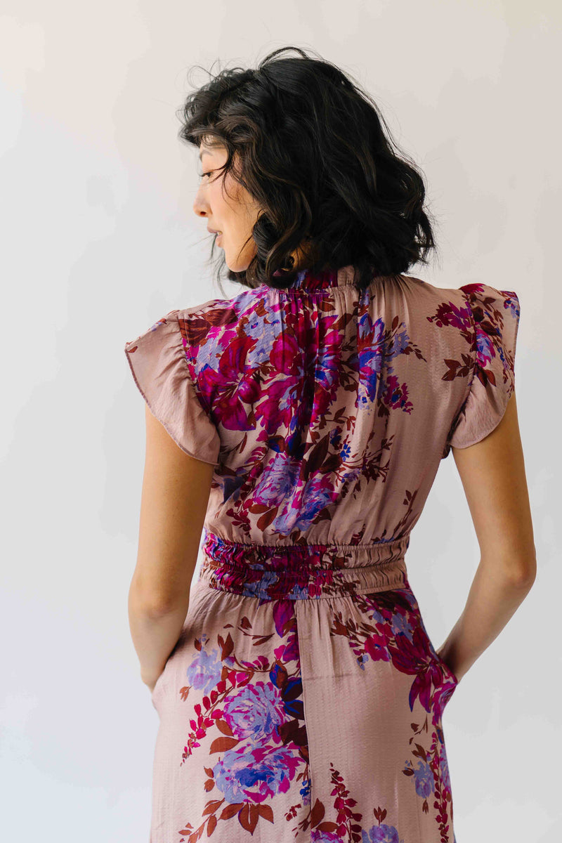 The Hunley Floral Flutter Sleeve Midi Dress in Mauve Multi