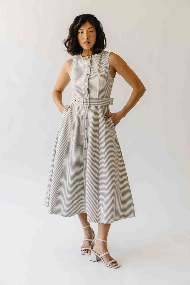 The Chesney Belted Midi Dress in Grey Stripe