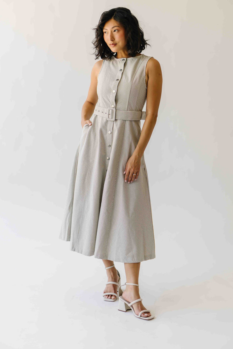 The Chesney Belted Midi Dress in Grey Stripe