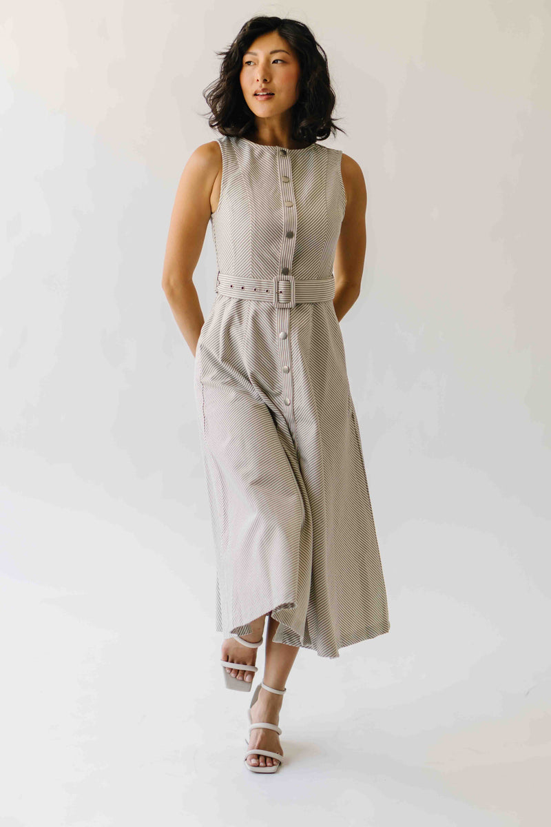The Chesney Belted Midi Dress in Grey Stripe