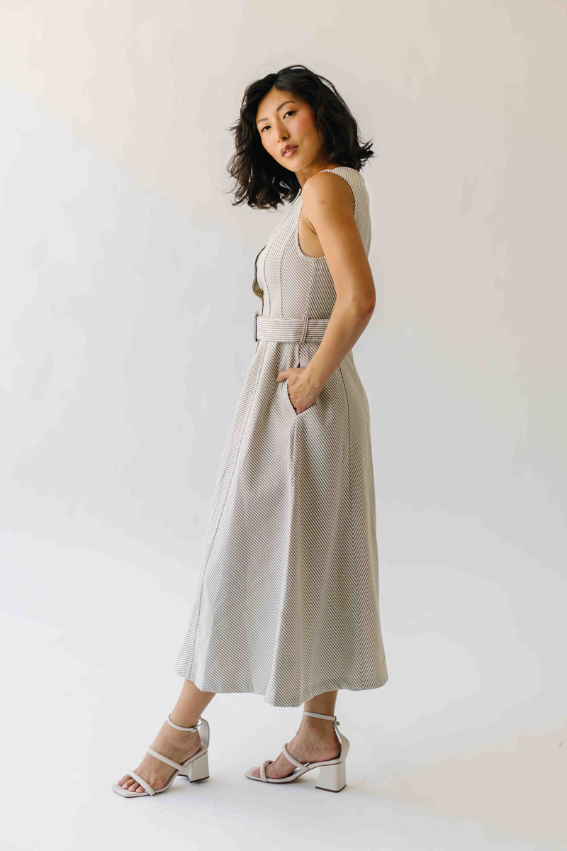 The Chesney Belted Midi Dress in Grey Stripe