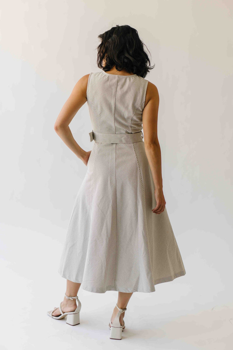 The Chesney Belted Midi Dress in Grey Stripe