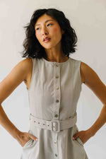 The Chesney Belted Midi Dress in Grey Stripe
