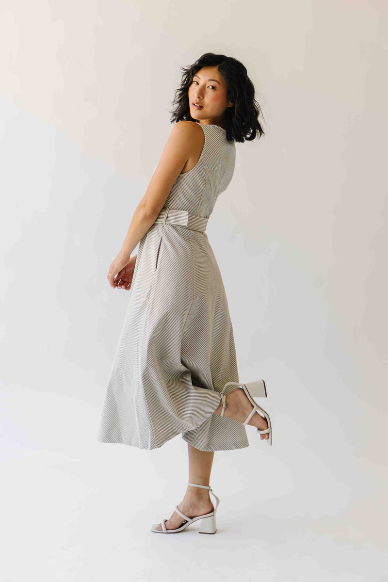 The Chesney Belted Midi Dress in Grey Stripe