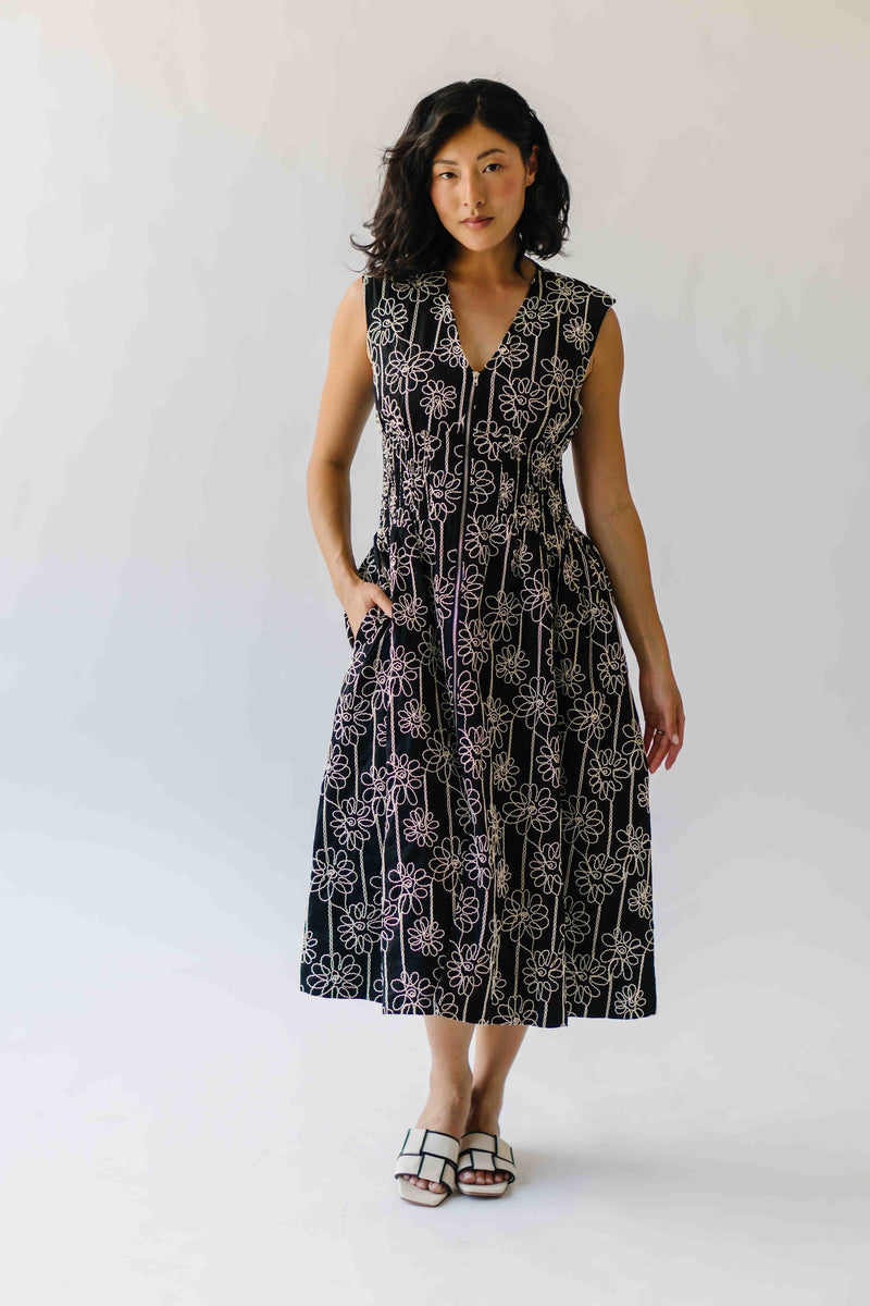 The Vergara Front Zip Midi Dress in Black