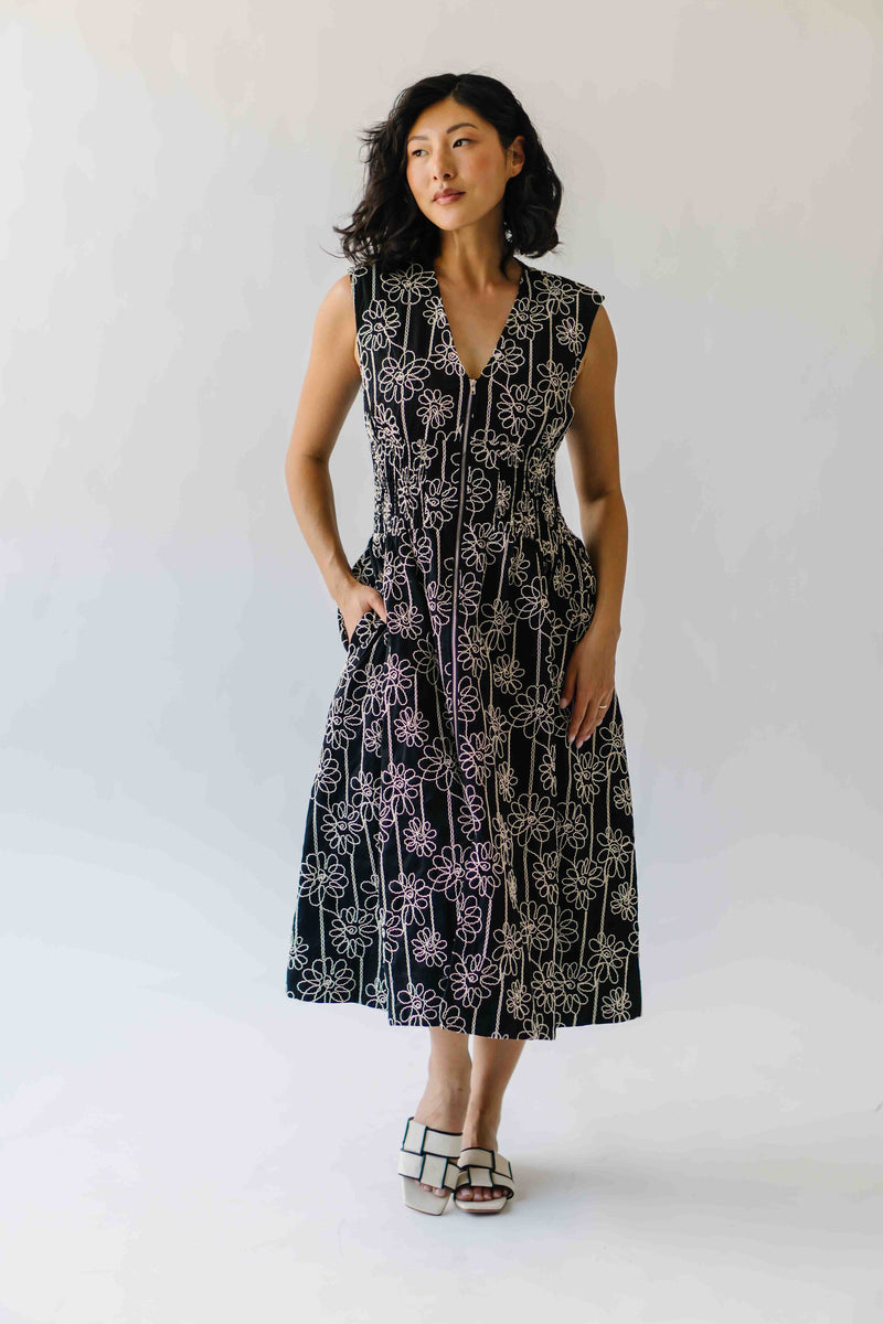The Vergara Front Zip Midi Dress in Black