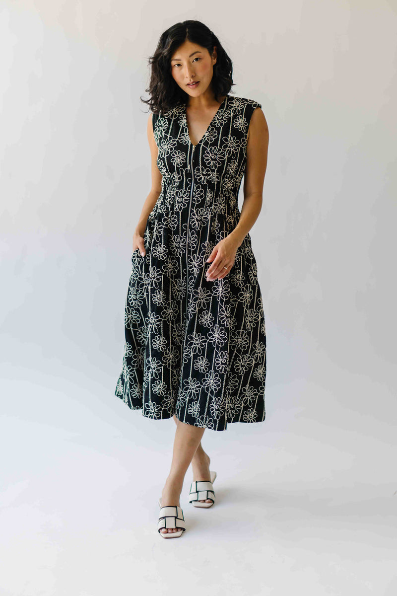 The Vergara Front Zip Midi Dress in Black
