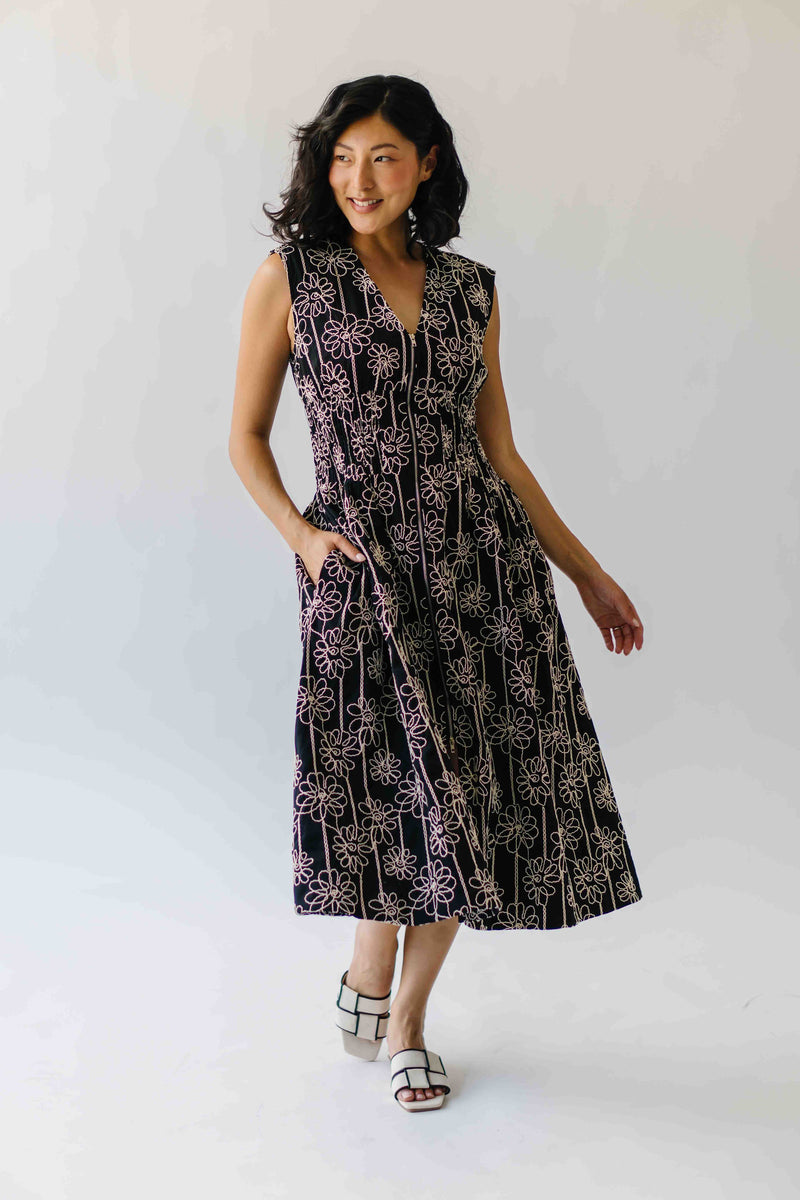 The Vergara Front Zip Midi Dress in Black
