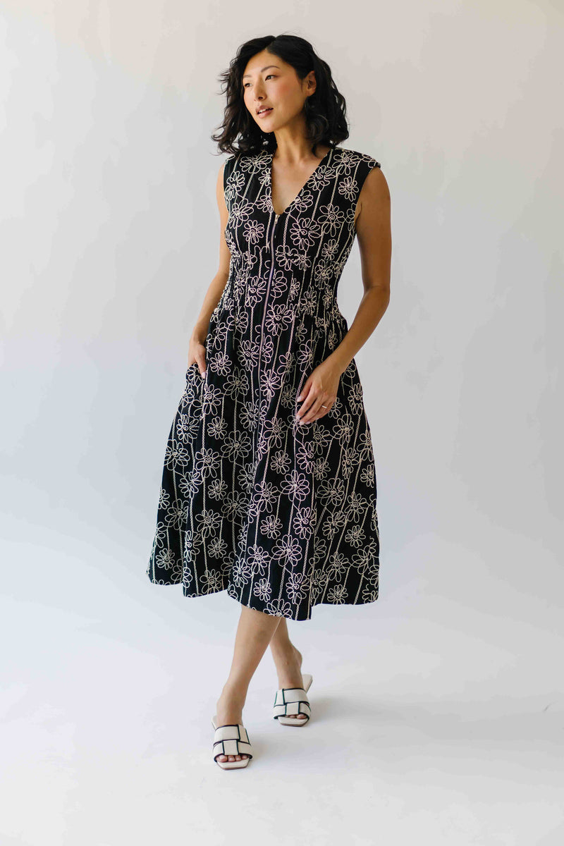The Vergara Front Zip Midi Dress in Black