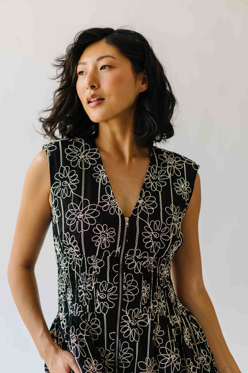 The Vergara Front Zip Midi Dress in Black