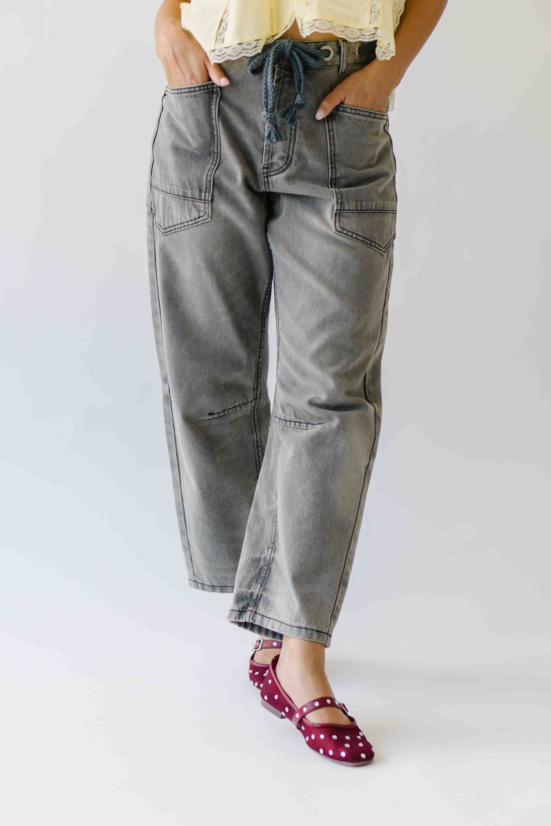 The Yorkana Eyelet Waist Barrel Jean in Grey