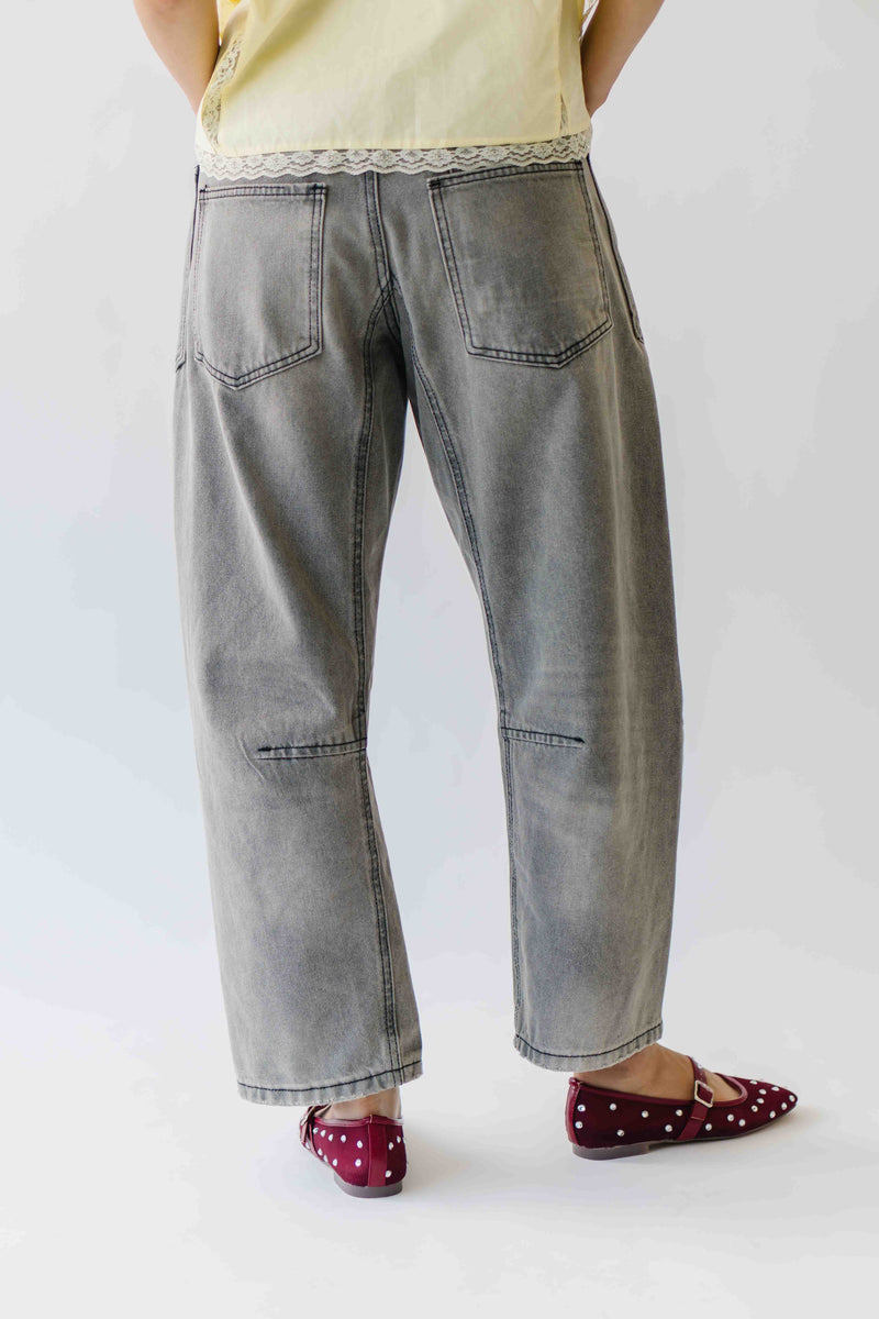 The Yorkana Eyelet Waist Barrel Jean in Grey
