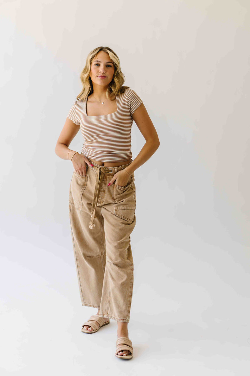 The Yorkana Eyelet Waist Barrel Jean in Sand