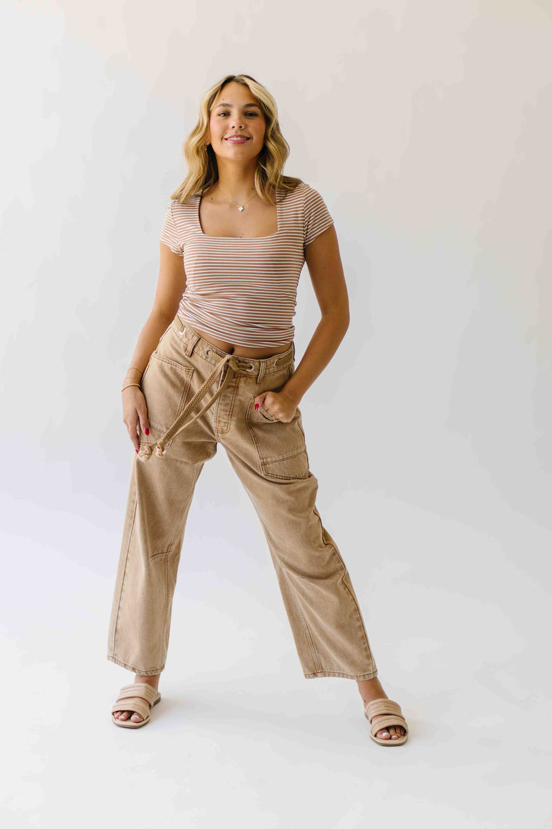 The Yorkana Eyelet Waist Barrel Jean in Sand
