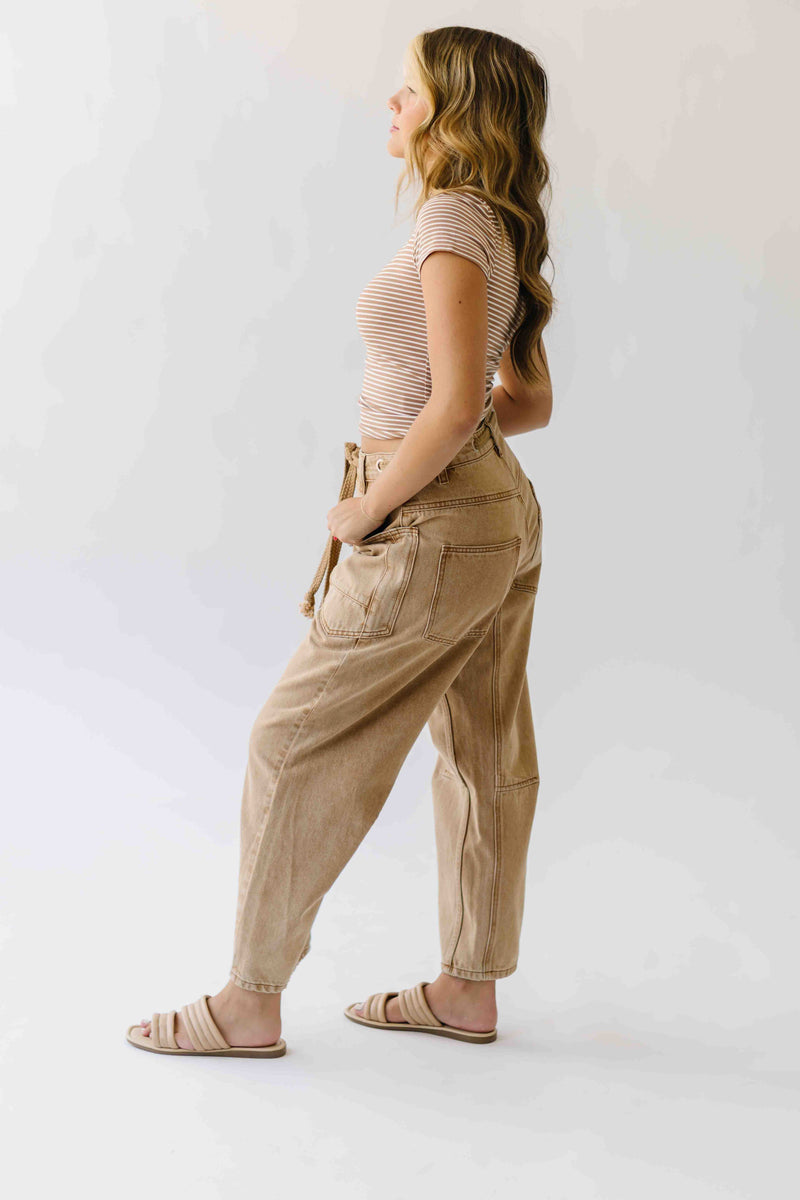 The Yorkana Eyelet Waist Barrel Jean in Sand