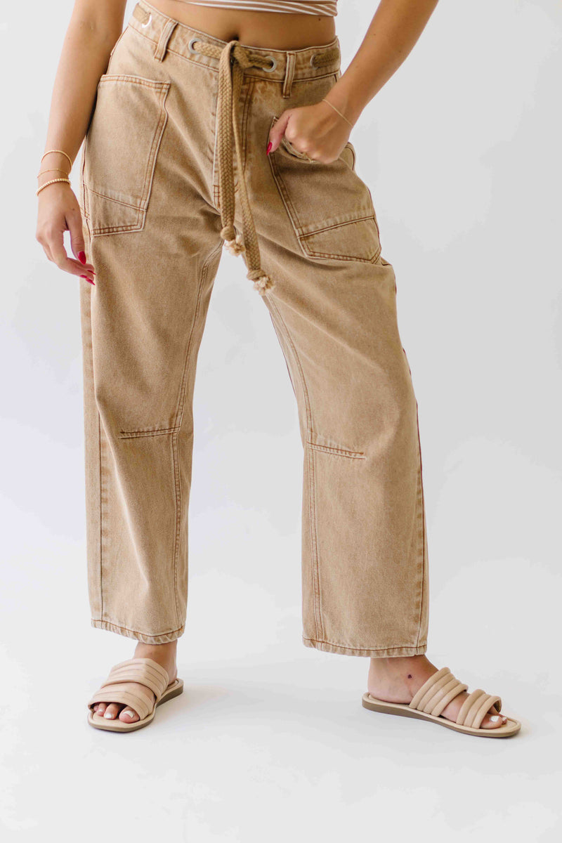 The Yorkana Eyelet Waist Barrel Jean in Sand