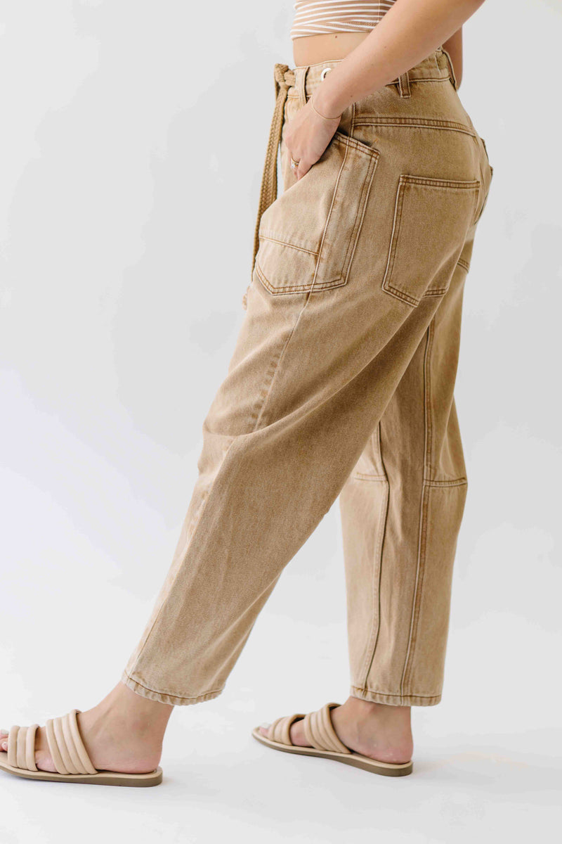 The Yorkana Eyelet Waist Barrel Jean in Sand