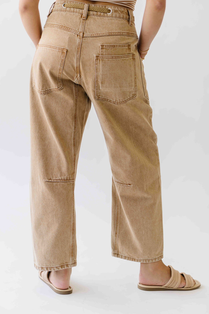 The Yorkana Eyelet Waist Barrel Jean in Sand
