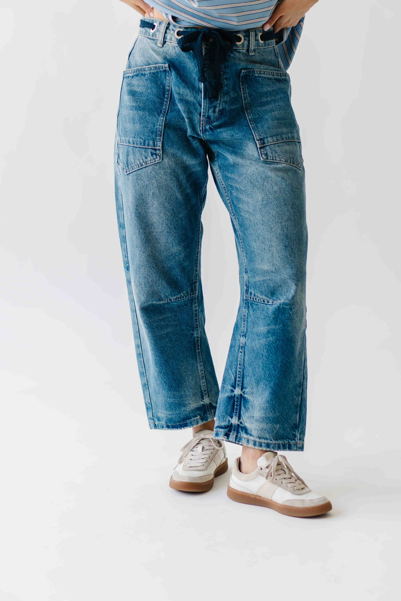 The Yorkana Eyelet Waist Barrel Jean in Medium Wash