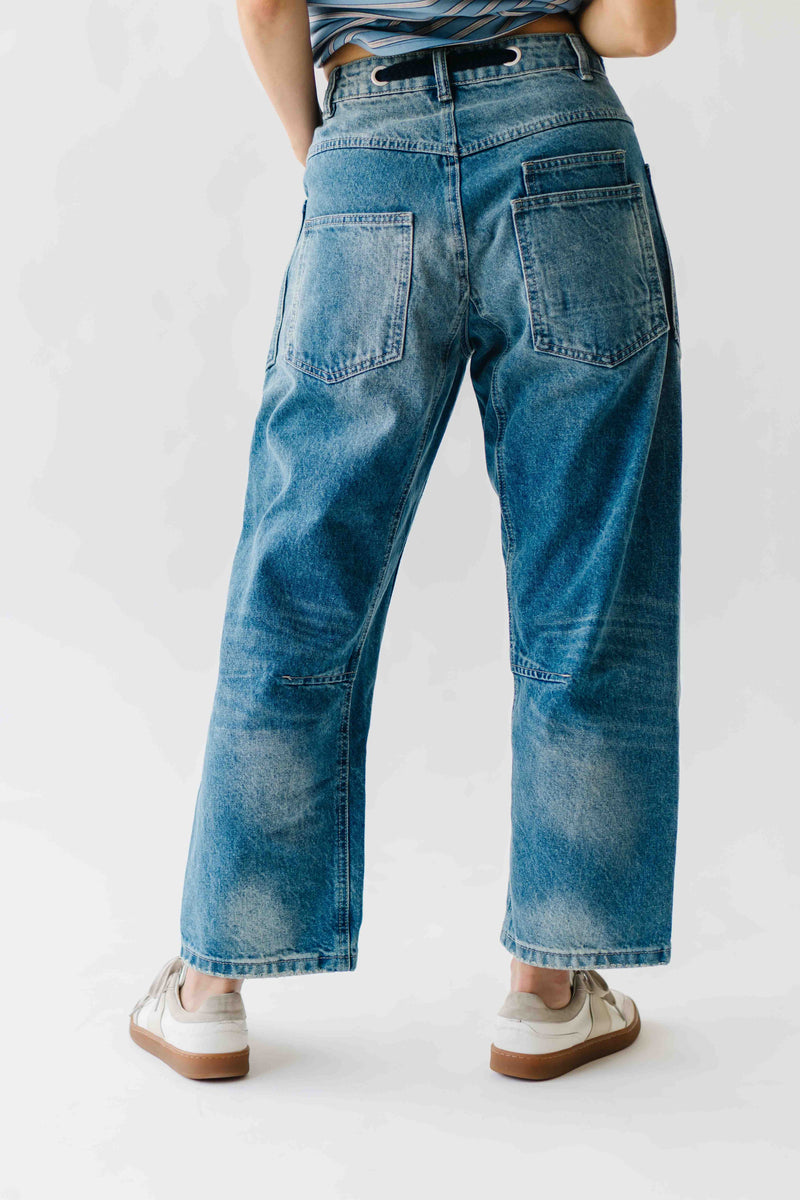 The Yorkana Eyelet Waist Barrel Jean in Medium Wash