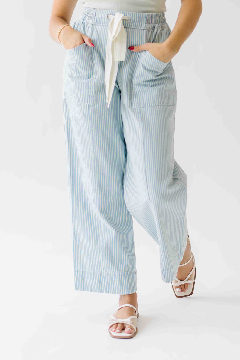 The Edison Drawstring Pant in Light Blue Stripe