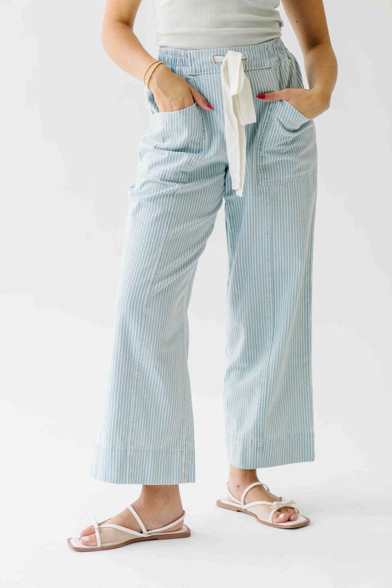 The Edison Drawstring Pant in Light Blue Stripe