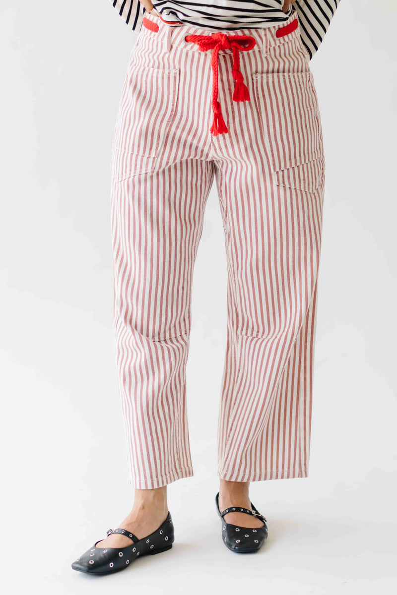 The Yorkana Eyelet Waist Barrel Jean in Striped Rust