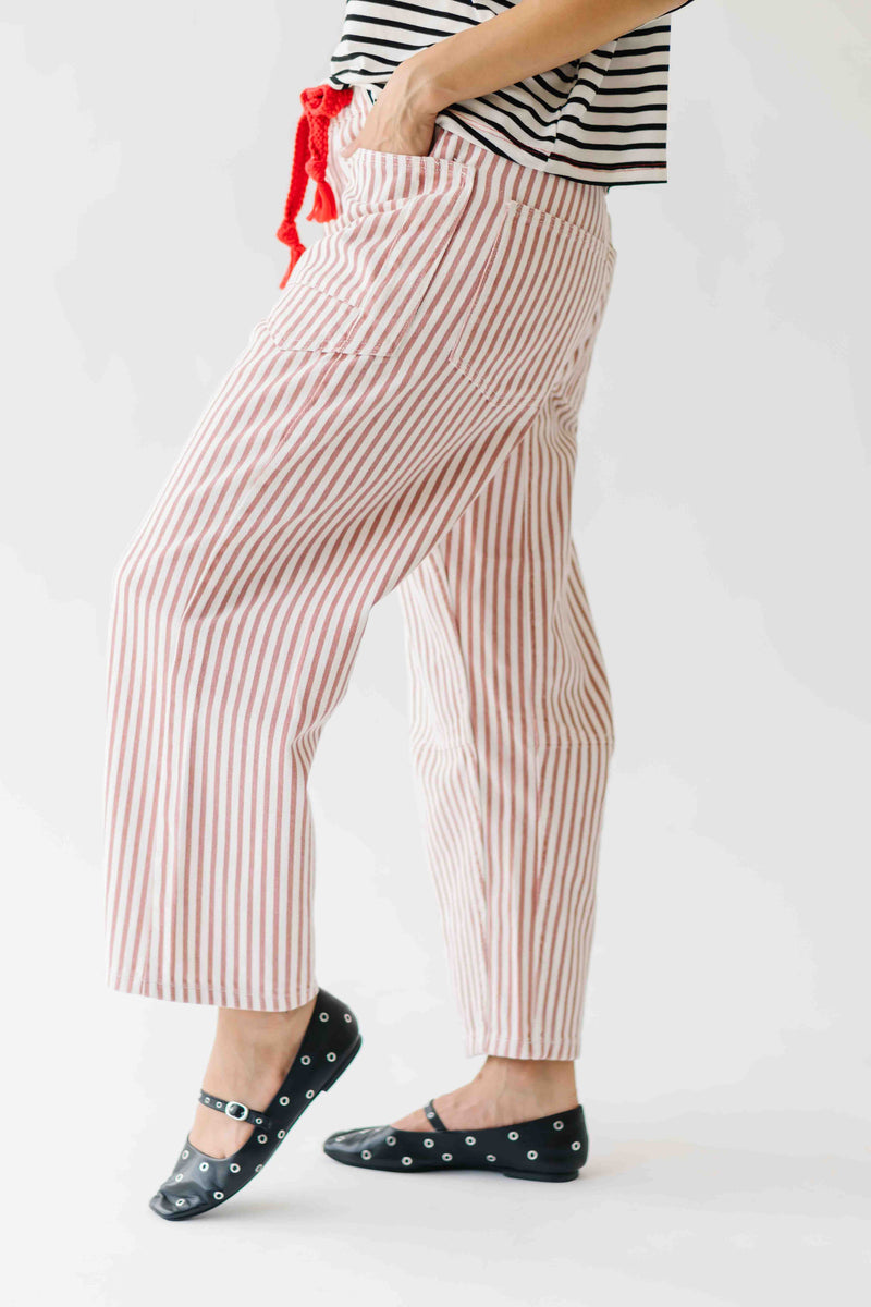 The Yorkana Eyelet Waist Barrel Jean in Striped Rust
