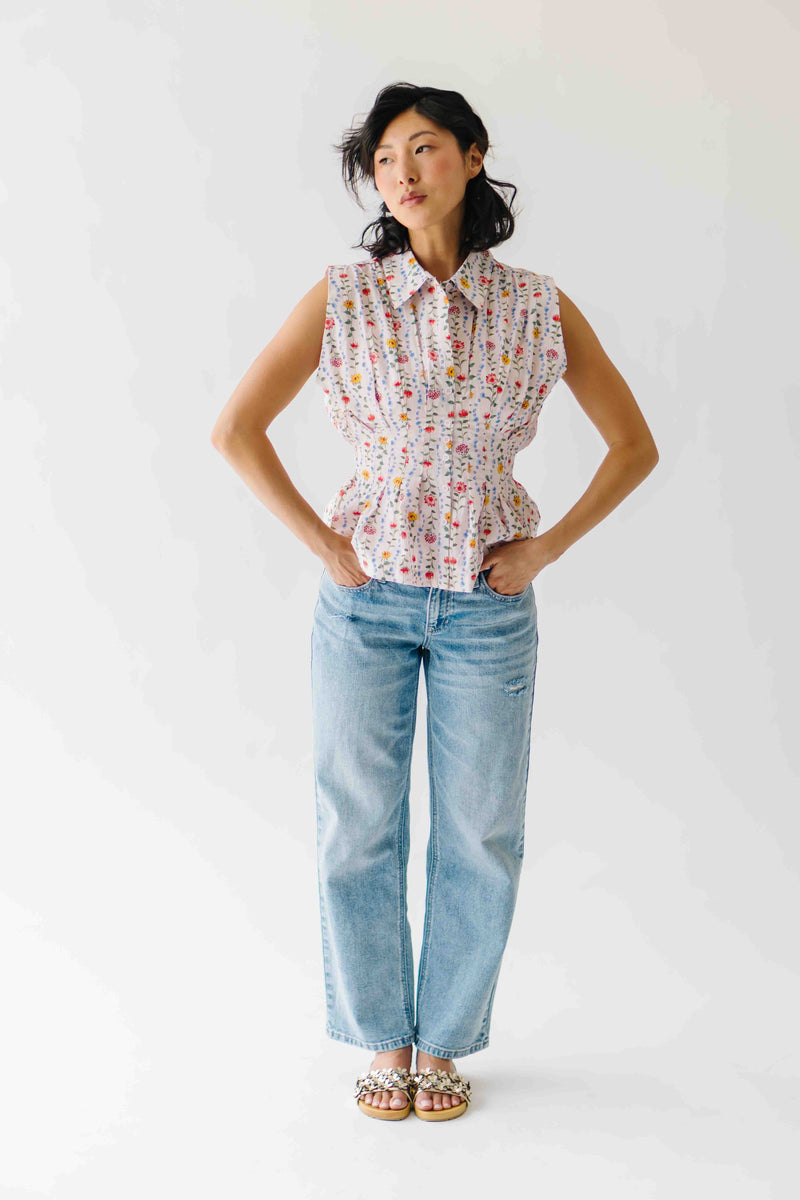 The Selma Pleated Collar Blouse in Pink Floral
