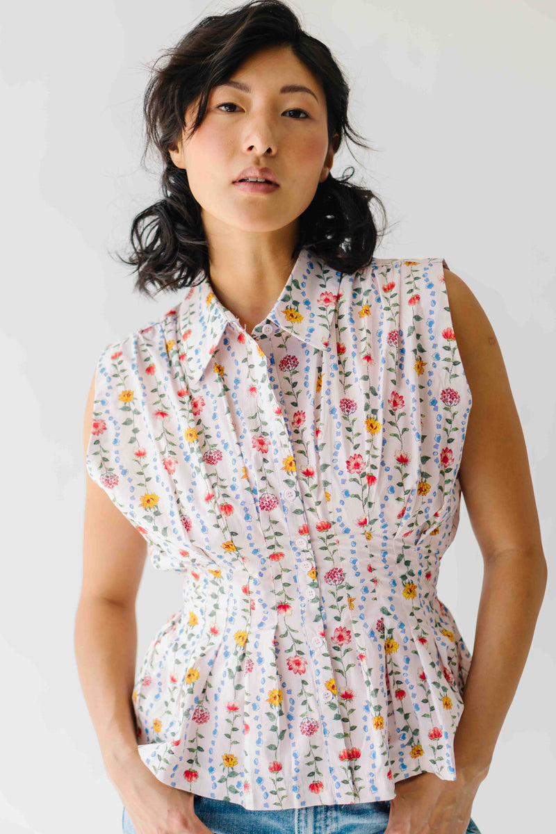 The Selma Pleated Collar Blouse in Pink Floral