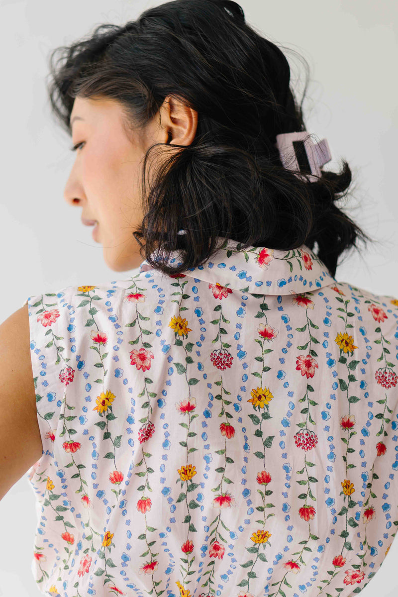 The Selma Pleated Collar Blouse in Pink Floral