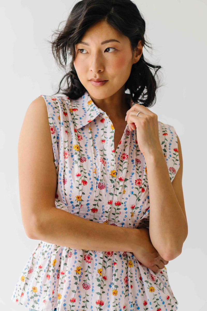 The Selma Pleated Collar Blouse in Pink Floral