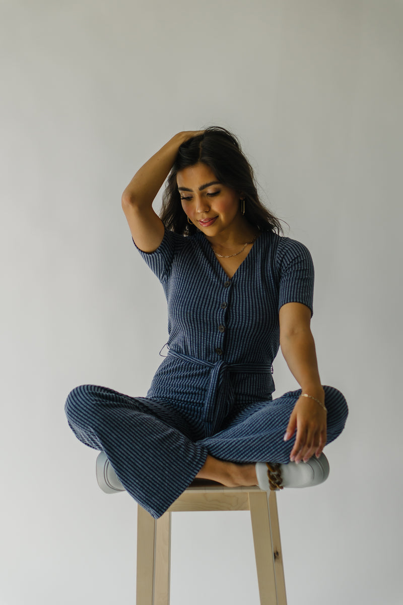 The Susan Belted Jumpsuit in Navy Stripe