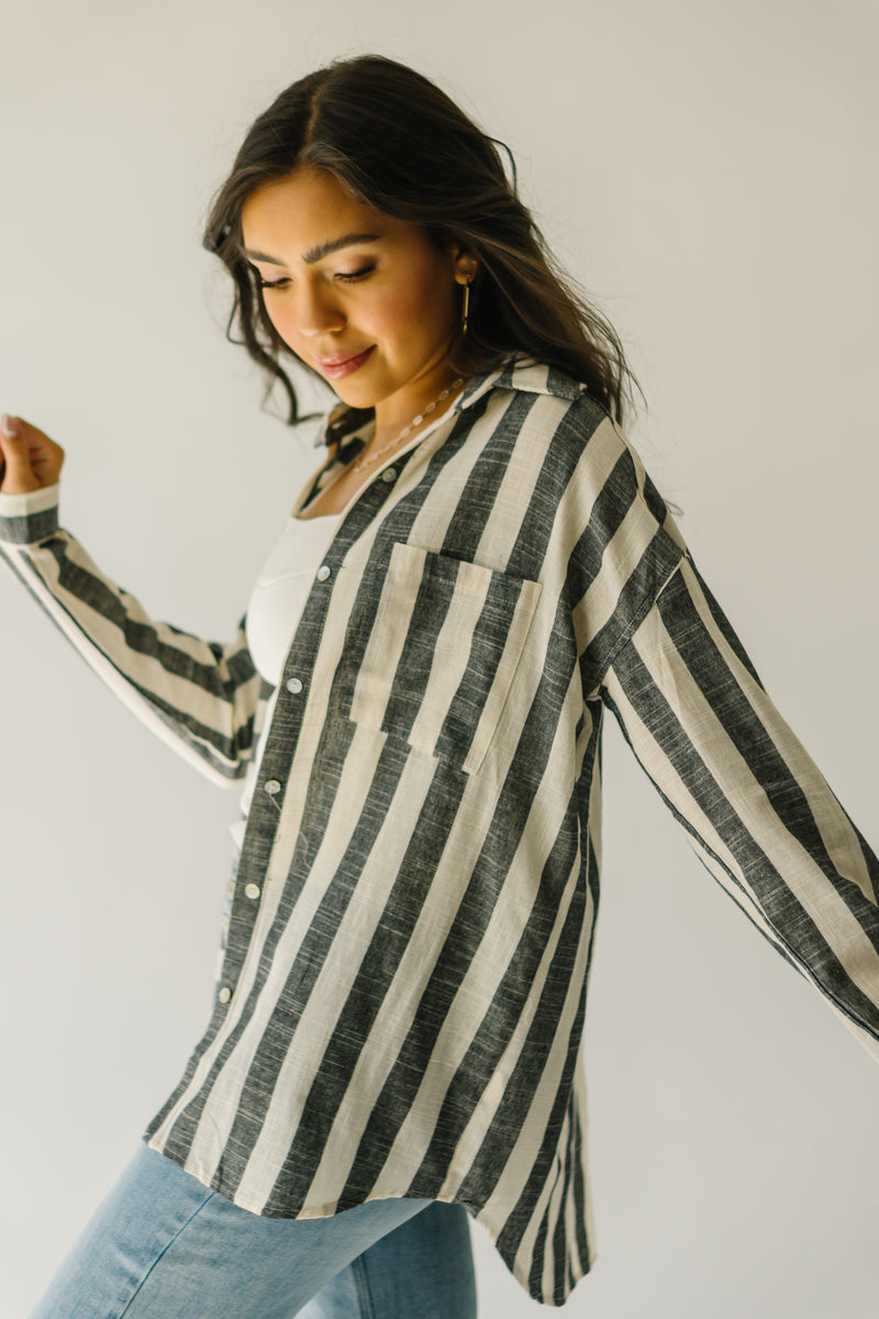 The Stoll Striped Button-Up Blouse in Black + Cream