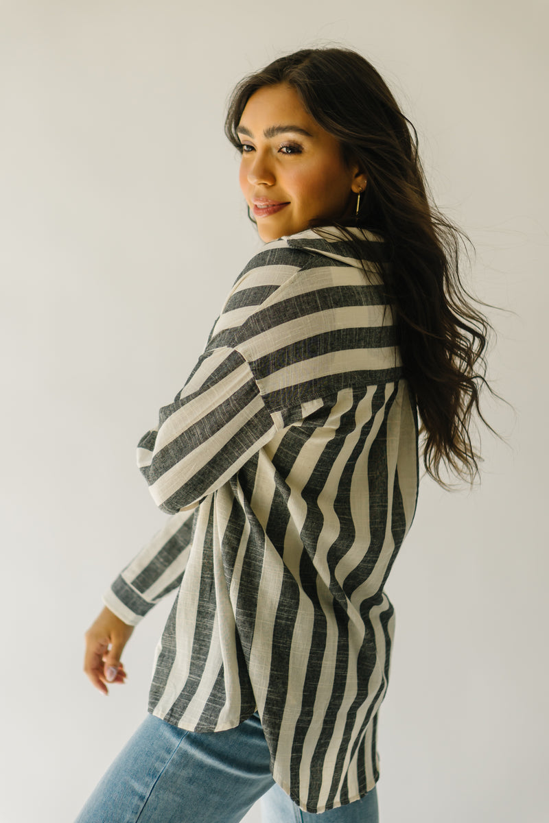 The Stoll Striped Button-Up Blouse in Black + Cream