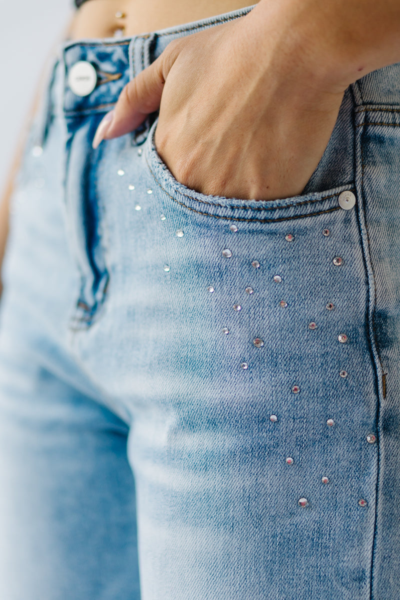 The Valmont Rhinestone Detail Jean in Light Blue