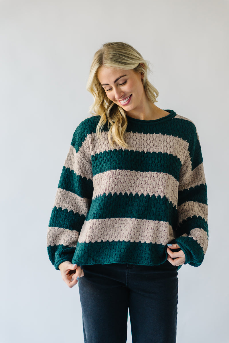The Indio Striped Crew Knit Sweater in Hunter Green