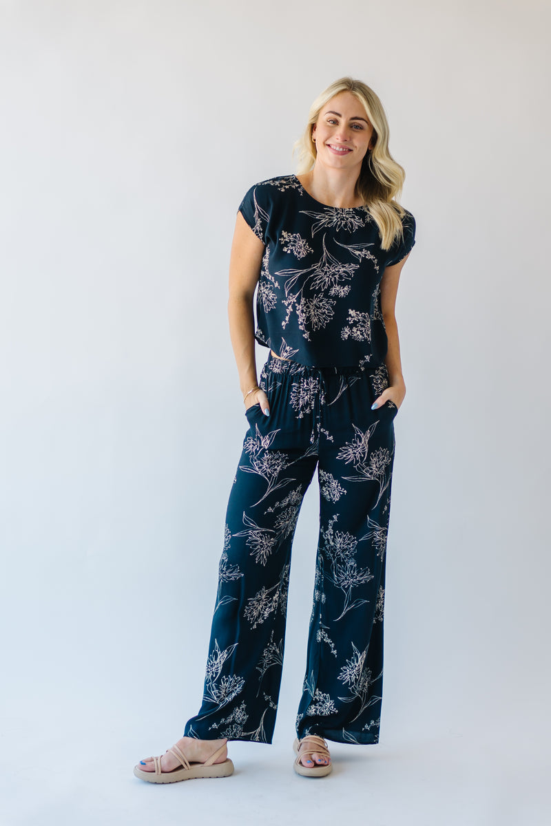 The Bueller Wide Leg Floral Pants in Navy + Taupe