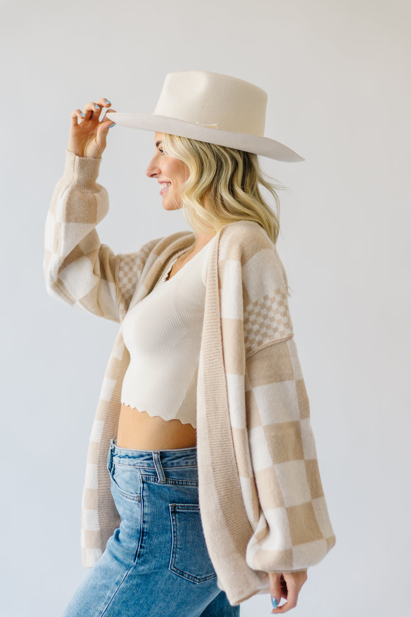Checker Knit Puff Sleeve Top- Taupe