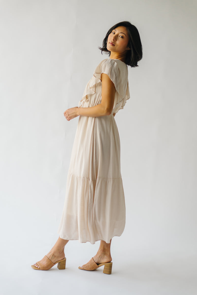 The Clovis Ruffle Sleeve Midi Dress in Natural