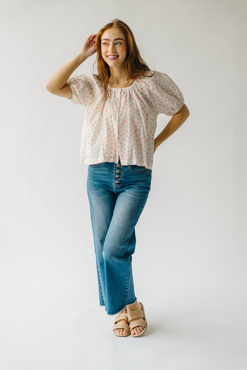 The Medlin Puff Sleeve Button-Up Blouse in Ivory + Pink