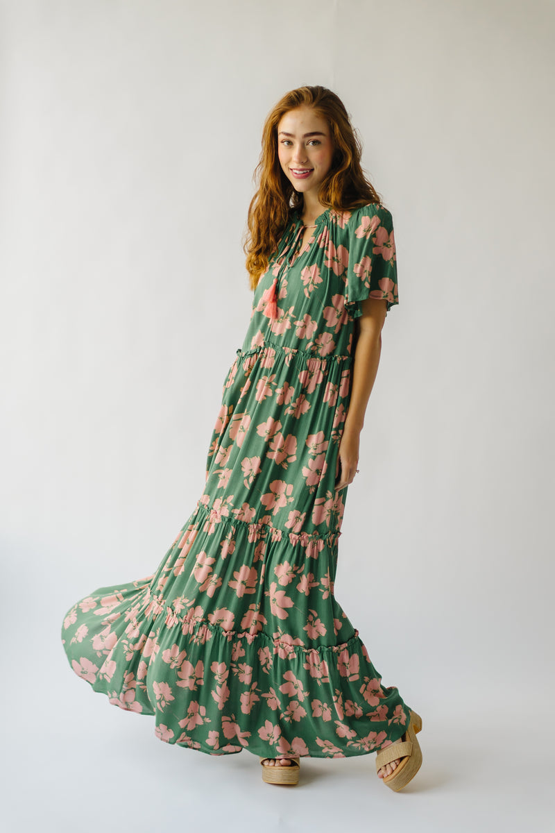 The Thandra Tiered Floral Maxi Dress in Green