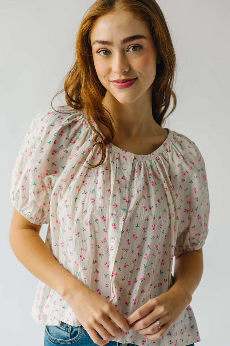 The Medlin Puff Sleeve Button-Up Blouse in Ivory + Pink