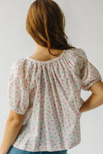 The Medlin Puff Sleeve Button-Up Blouse in Ivory + Pink